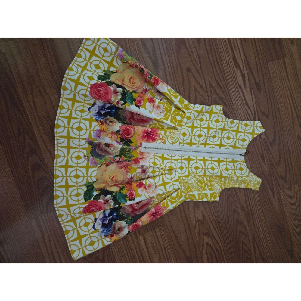 Girls Yellow Geometric Floral Sleeveless Pleated Fit and Flare Party Dress - Picture 5 of 8